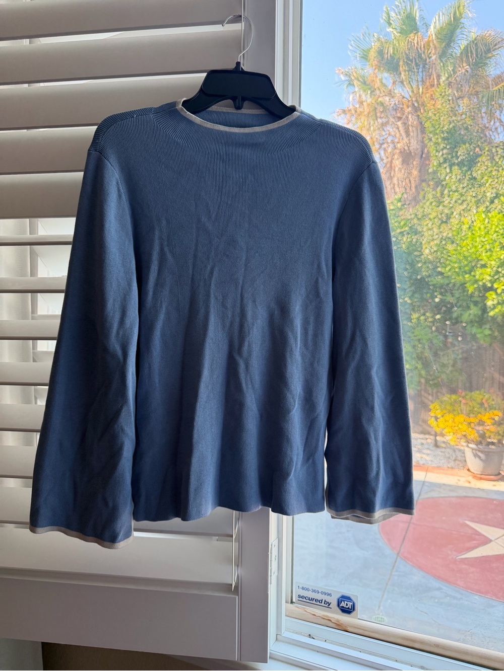 Halogen Muted Slate Blue Ribbed Long Sleeve Sweater Light Gray Trim Size M